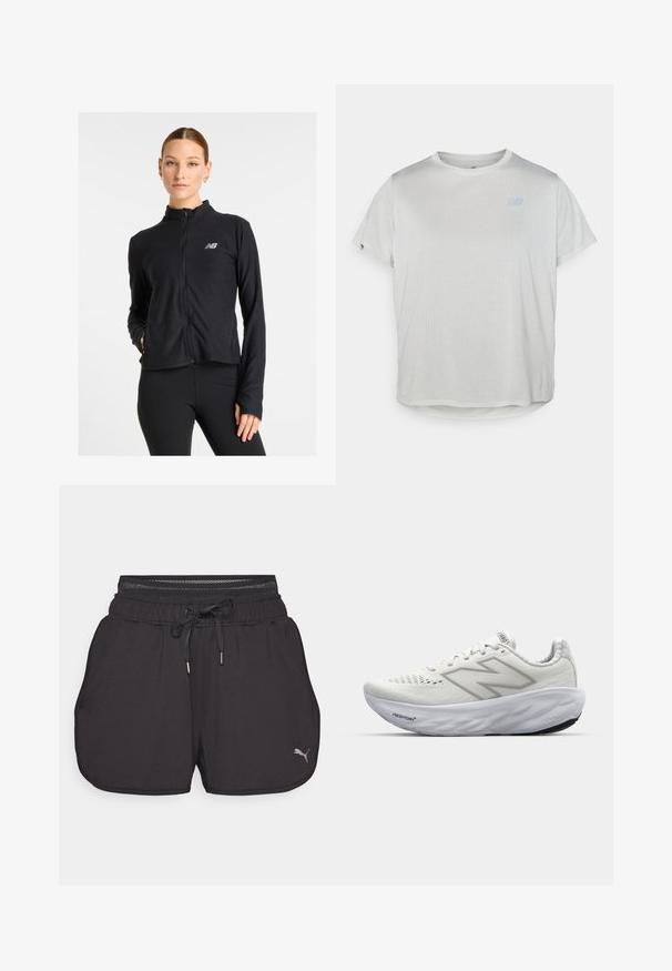 Must mustusega kapuutsiga jakk, valmistatud kergest kangast, millel on kõrge kaelus, pikad varrukad ja väike logo vasakul rinnal.; Heled hall, lühikeste varrukatega spordipoliis, millel on tekstureeritud võrgukangas ja tagasihoidlik sinine logo eest. Ümar alläär.; Puma PAMELA REIF SHORTS - Spordišortsid - black; Valged spordijalatsid, millel on võrgusilma pealne osa, polsterdatud sääreosa, tekstuuriga tallad ja "Fresh Foam" kaubamärgi logo keskosas.