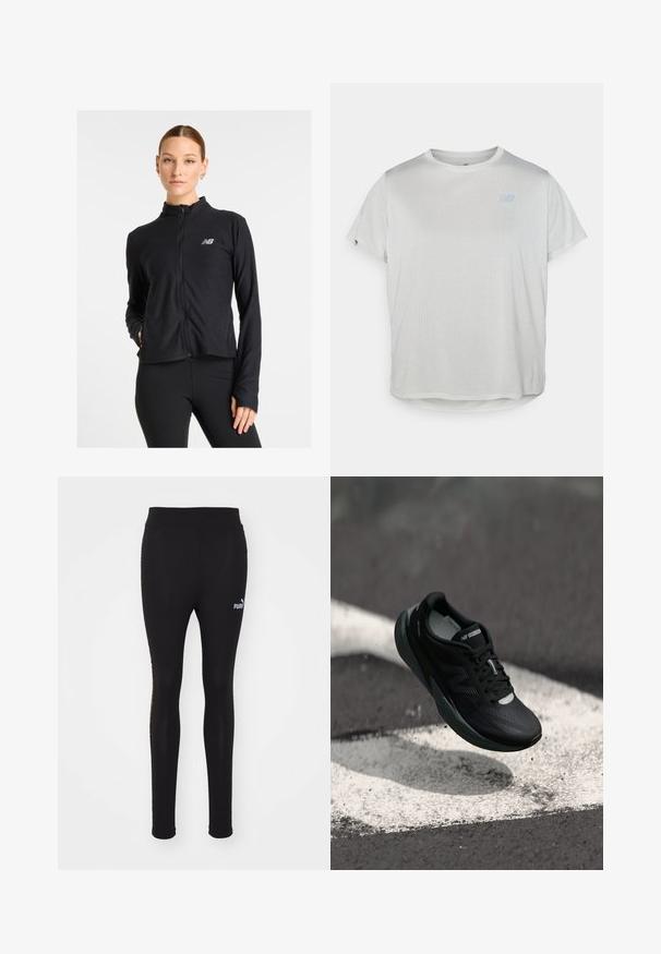 Giacca nera con zip realizzata in un tessuto leggero, con colletto alto, maniche lunghe e un piccolo logo sul lato sinistro del petto.; T-shirt atletico grigio chiaro a maniche corte con tessuto a rete testurizzato e un logo blu discreto sul davanti. Orlo arrotondato in fondo.; Leggings neri realizzati in tessuto elastico, con vita alta, gambe affusolate e un sottile logo Puma sul lato sinistro.; Scarpa da corsa nera con una tomaia testurizzata, design elegante e dettagli riflettenti. Presenta una suola morbida e ammortizzata per il comfort.