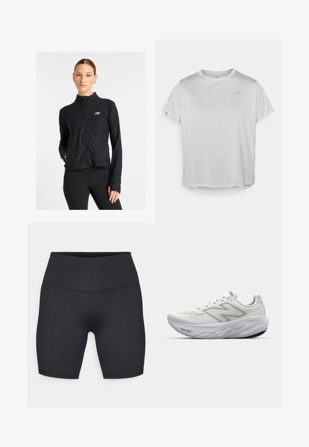 Chaqueta negra de cremallera fabricada con un tejido ligero, que presenta un cuello alto, mangas largas y un pequeño logotipo en el lado izquierdo del pecho.; Camiseta deportiva de manga corta en gris claro, con una tela de malla texturizada y un sutil logo azul en la parte frontal. Dobladillo redondeado en la parte inferior.; Champion PERFORMANCE SOFT TOUCH BIKE SHORTS - Leggings - black; Zapatillas deportivas blancas con parte superior de malla, que cuentan con un cuello acolchado, suela texturizada y la marca "Fresh Foam" en la entresuela.