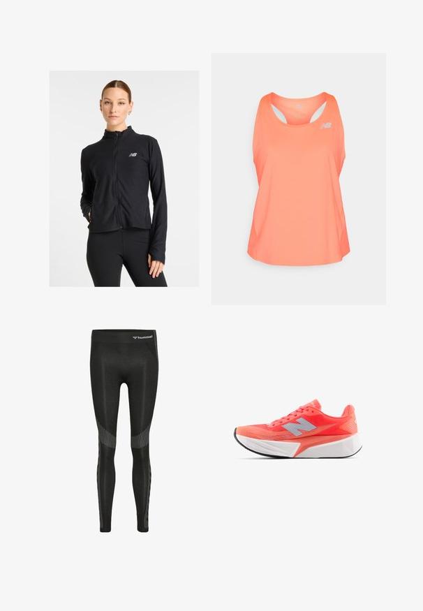 Giacca nera con zip realizzata in un tessuto leggero, con colletto alto, maniche lunghe e un piccolo logo sul lato sinistro del petto.; Top sportivo rosa con scollatura a barca, design a schiena scoperta e fori di ventilazione. Presenta un piccolo logo riflettente sul davanti.; Leggings sportivi neri con vita alta, tessuto testurizzato e motivi a righe lungo i lati per un tocco di dettaglio in più.; Scarpa da corsa leggera in un vivace corallo con tomaia in rete e logo argentato. Suola intermedia bianca con texture distintiva e suola esterna in gomma nera.