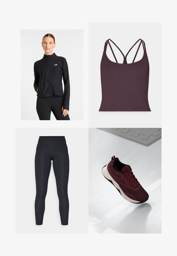 Zwarte zip-up jack gemaakt van een lichtgewicht stof, met een hoge kraag, lange mouwen en een klein logo op de linkerkant van de borst.; Donkergpaarse tanktop van gladde stof met dunne dubbele bandjes en een ronde halslijn. Naadloze zoom aan de onderkant.; Zwarte leggings van rekbaar materiaal, met een hoge tailleband, een gladde textuur en een lichaamsnauwsluitende pasvorm. Geen zichtbare patronen of bevestigingsmiddelen.; Bordeaux sportieve schoen met een bovenwerk van mesh, zwarte accenten en een gewatteerde witte zool. Voorzien van een vetersluiting en een trekband aan de hiel.