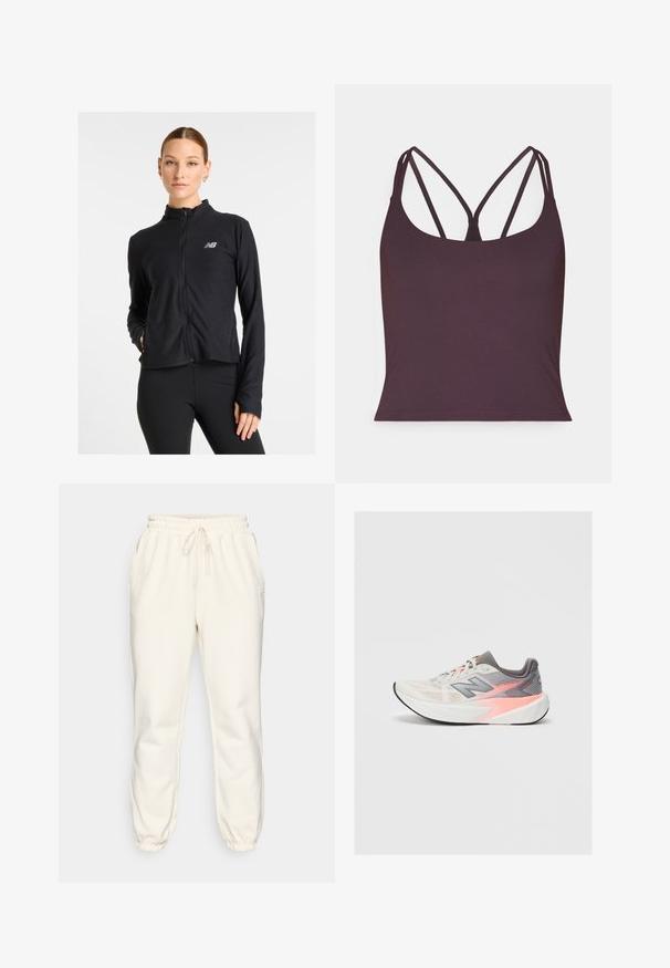 Čierna bunda na zips vyrobená z ľahkého materiálu, s vysokým golierom, dlhými rukávmi a malým logom na ľavej hrudi.; Tmavofialová tielko vyrobené z hladkej tkaniny, ktoré má tenké dvojité ramienka a zaoblený výstrih. Bezšvový spodný lem.; Krémové tepláky vyrobené z mäkkého materiálu, s elastickým pásom na šnurovanie, bočnými vreckami a zúženými manžetami na členkoch.; Svetlošedá a ružová bežecká obuv New Balance s hrubou bielou podrážkou a čiernou vonkajšou podrážkou, bočný pohľad na jednofarebnom pozadí.