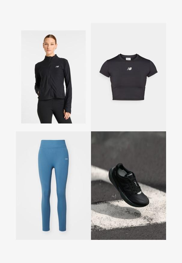 Giacca nera con zip realizzata in un tessuto leggero, con colletto alto, maniche lunghe e un piccolo logo sul lato sinistro del petto.; Maglietta atletica nera corta con maniche corte, realizzata in tessuto elastico. Presenta un logo bianco sul davanti, scollatura rotonda e un design aderente.; Leggings blu con una superficie liscia, vita alta e un logo discreto sull'anca. Fit slim, lunghezza completa, adatti per l'abbigliamento sportivo.; Scarpa da corsa nera con una tomaia testurizzata, design elegante e dettagli riflettenti. Presenta una suola morbida e ammortizzata per il comfort.