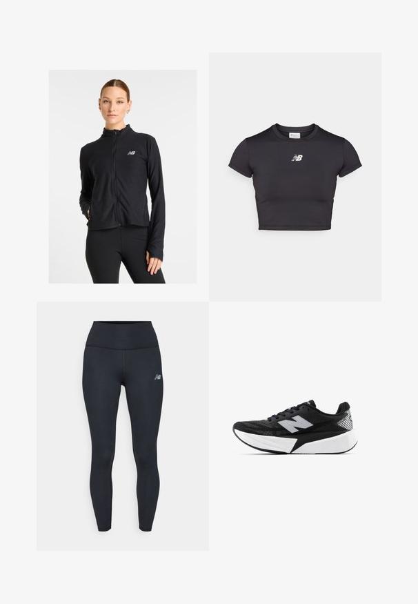Veste zippée noire en tissu léger, avec un col haut, des manches longues et un petit logo sur la poitrine gauche.; T-shirt de sport noir, court et à manches courtes, fabriqué en tissu extensible. Présente un logo blanc sur le devant, un col rond et un design ajusté.; Leggings noirs extensibles avec une taille haute, dotés de coutures à plat et d'un petit logo sur la cuisse gauche. Texture lisse.; Chaussure de course New Balance noir et blanc avec semelle épaisse, tige en mesh et logo "N" sur le côté, vue de l'extérieur.