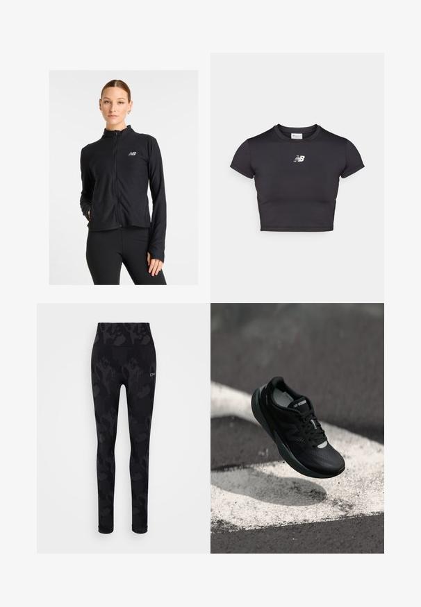 Crna jakna na zatvaranje sa laganom tkaninom, koja ima visoki ovratnik, dugačke rukave i mali logotip na lijevoj strani prsnog koša.; Crna sportska majica s kratkim rukavima, skraćena, izrađena od rastezljivog materijala. Ima bijeli logo sprijeda, okrugli izrez i prilagođeni kroj.; Crne tajice s suptilnim toniranim uzorkom leoparda, visokim strukom i glatkom teksturom. Sadrže logo "ICIW" sprijeda.; Crne trkaće cipele s teksturiranim gornjim dijelom, elegantnom dizajnom i reflektirajućim akcentima. Imaju mekan, udoban potplat za udobnost.