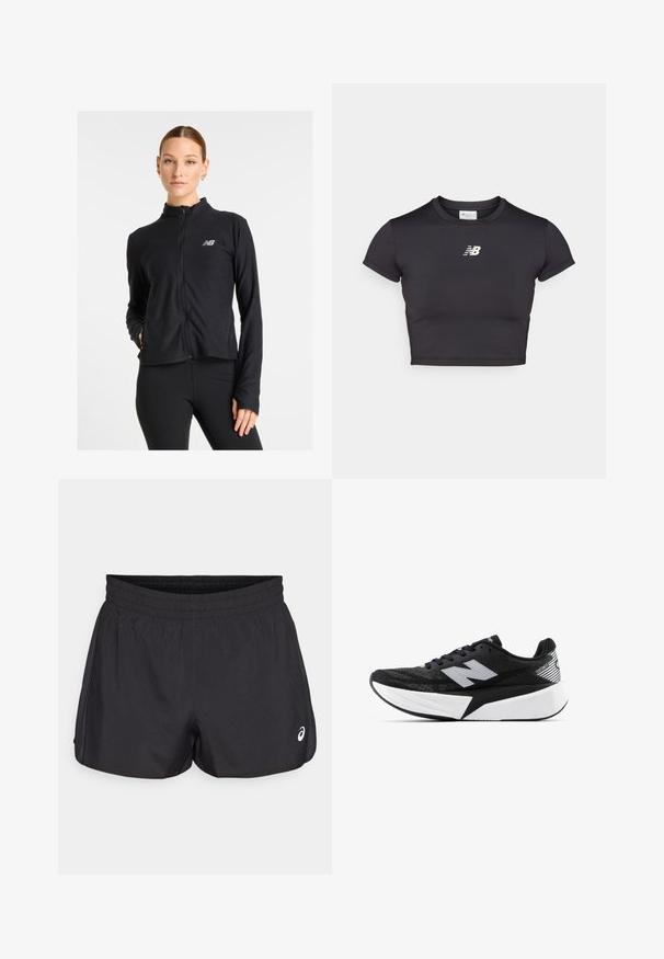 Black zip-up jacket made from a lightweight fabric, featuring a high collar, long sleeves, and a small logo on the left chest.; Black cropped athletic t-shirt with short sleeves, made of stretchy fabric. Features a white logo on the front, rounded neckline, and a fitted design.; Black athletic shorts with an elastic waistband, smooth texture, curved hem, and side mesh accents. Features a small logo on the front.; Black and white New Balance running shoe with thick sole, mesh upper, and "N" logo on the side, viewed from the outer side.