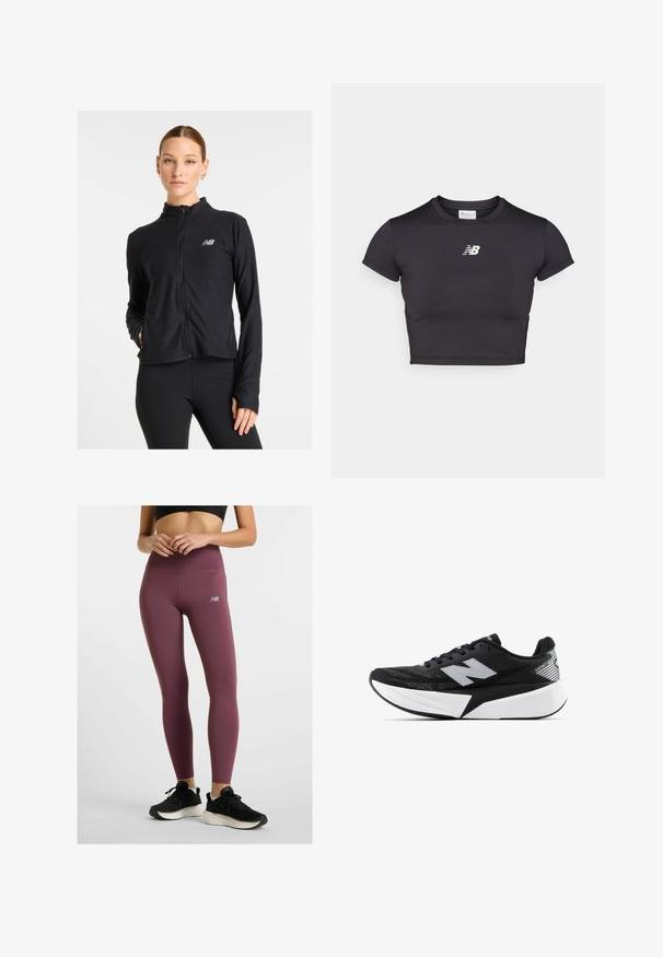 Crna jakna na zatvaranje sa laganom tkaninom, koja ima visoki ovratnik, dugačke rukave i mali logotip na lijevoj strani prsnog koša.; Crna sportska majica s kratkim rukavima, skraćena, izrađena od rastezljivog materijala. Ima bijeli logo sprijeda, okrugli izrez i prilagođeni kroj.; Tamno ljubičaste tajice viskog struka napravljene od rastezljivog materijala, sa logotipom New Balance u sivoj boji. Nošene uz crne atletske cipele.; Crno-bijela New Balance trkačka cipela s debelim potplatom, mrežastim gornjim dijelom i "N" logotipom sa strane, prikazana s vanjske strane.