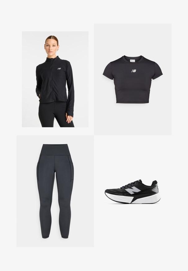 Svart zip-up jakke laget av et lett stoff, med høyt krage, lange ermer og en liten logo på venstre bryst.; Svart, kortermet treningstopp laget av elastisk stoff. Har en hvit logo på forsiden, rund halslinning og en tettsittende design.; Høyrdte svarte leggings laget av elastisk, glatt stoff. Har to sidelommer og kontrastsøm langs sømmene.; Svart-og-hvitt New Balance joggesko med tykk såle, mesh-overdel og "N"-logo på siden, sett fra utsiden.