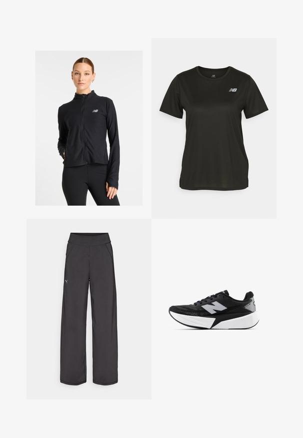 Musta vetoketjullinen takki, joka on valmistettu kevyestä kankaasta, ja siinä on korkea kaulus, pitkät hihat sekä pieni logo vasemmassa rinnassa.; Mustat lyhythihaiset T-paidat, jotka on valmistettu sileästä kankaasta, jossa on pyöreä kaula-aukko ja heijastava valkoinen logo vasemmassa rinnassa.; Musta urheiluhousut, joissa on leveä vyötärönauha, sivutaskut ja litteät saumat. Vasemmassa jalassa on pieni logo. Valmistettu sileästä, joustavasta kankaasta.; Mustat ja valkoiset New Balance -juoksukengät, joissa on paksu pohja, verkkomateriaali päällä ja "N"-logo sivulla, nähtynä ulkopuolelta.