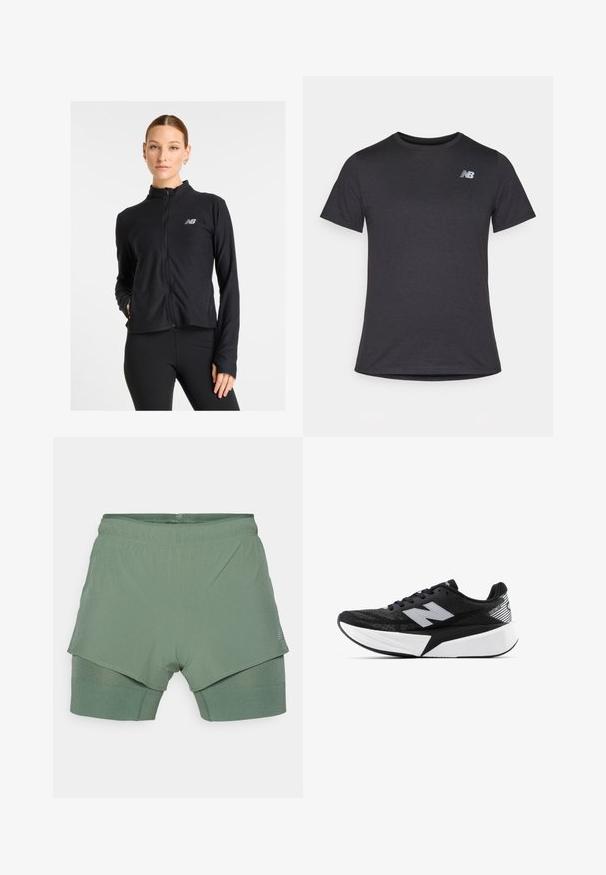 Svart zip-up jakke laget av et lett stoff, med høyt krage, lange ermer og en liten logo på venstre bryst.; Svart kortermet t-skjorte laget av myk stoff, med en liten grå New Balance-logo på øvre venstre bryst, klassisk rund hals design.; Lys grønn idrettsshorts med dobbeltlagdesign; det øverste laget er perforert, mens det indre laget har en ribbet tekstur.; Svart-og-hvitt New Balance joggesko med tykk såle, mesh-overdel og "N"-logo på siden, sett fra utsiden.