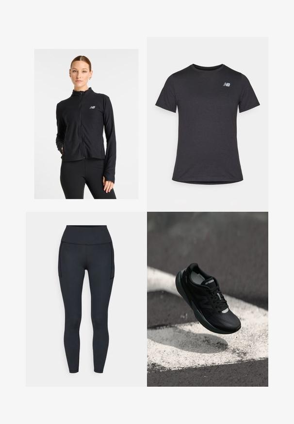 Czarna kurtka zapinana na zamek wykonana z lekkiego materiału, z wysokim kołnierzem, długimi rękawami i małym logo na lewej piersi.; Czarny t-shirt z krótki rękawem, wykonany z miękkiej tkaniny, z małym szarym logo New Balance na górnej lewej części klatki piersiowej, klasyczny krój z okrągłym dekoltem.; Czarne legginsy sportowe wykonane z elastycznego materiału, z wysokim stanem, bocznymi kieszeniami i gładkimi szwami, oferujące smukły wygląd.; Czarne buty do biegania z teksturowaną cholewką, smukłym designem i odblaskowymi akcentami. Posiadają miękką, amortyzującą podeszwę dla komfortu.