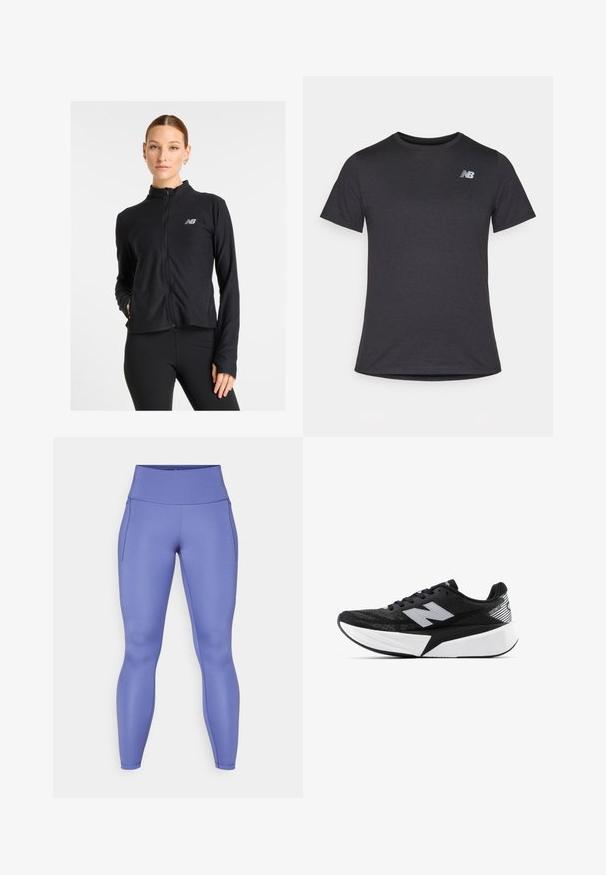 Fekete cipzáras dzseki, könnyű anyagból készült, magas gallérral, hosszú ujjakkal és egy kis logóval a bal mellen.; Fekete, rövid ujjú póló puha anyagból, a bal felső mellrészen egy kis szürke New Balance logóval, klasszikus kerek nyakú fazonnal.; Lila leggings rugalmas anyagból, magas derékkal, sima textúrával és oldal zsebekkel a kényelmes használat érdekében.; Fekete-fehér New Balance futócipő vastag talppal, hálós felsőrésszel és "N" logóval az oldalon, külső nézetből.