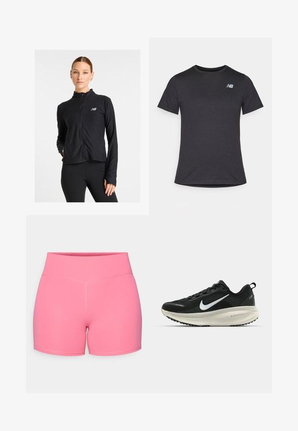 Svart zip-up jakke laget av et lett stoff, med høyt krage, lange ermer og en liten logo på venstre bryst.; Svart kortermet t-skjorte laget av myk stoff, med en liten grå New Balance-logo på øvre venstre bryst, klassisk rund hals design.; Rosa idrettsshorts med glatt tekstur, høy midje og flate sømmer, designet for komfort og fleksibilitet under fysisk aktivitet.; Svart Nike løpesko med pustende mesh-overdel, hvit swoosh-logo, teksturert detaljer og en kremfarget ZoomX mellomsåle.