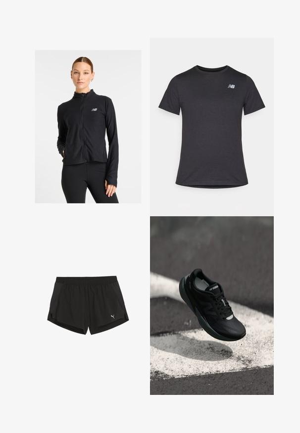 Must mustusega kapuutsiga jakk, valmistatud kergest kangast, millel on kõrge kaelus, pikad varrukad ja väike logo vasakul rinnal.; Must beebi särk, millel on lühikesed varrukad ja pehme kangas, ülaosas vasakul rinnal on väike hall New Balance'i logo, klassikaline ümar kaelus.; Mustad sportlikud lühikesed püksid, elastse vöökoha ja külgsulgedega, stiilsete võrkkangaste aktsentidega ning valge Puma logo alumisel vasakul küljel.; Mustmustööd mustad jooksujalatsid tekstureeritud pealsed, sujuv disain ja helendavad aktsendid. Omab pehmet, polsterdatud tallat, mis tagab mugavuse.