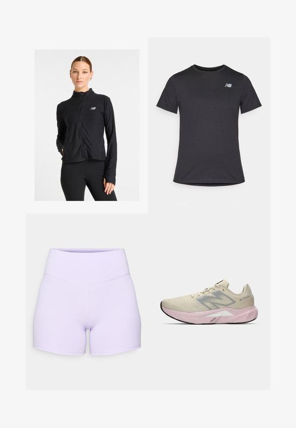 Jachetă neagră cu fermoar, realizată dintr-un material ușor, având un guler înalt, mâneci lungi și un mic logo pe pieptul stâng.; Tricou scurt cu mânecă neagră, fabricat dintr-un material moale, având un mic logo gri New Balance pe pieptul din stânga sus, cu un design clasic de gât.; Shorts lila cu talie înaltă, confecționați dintr-un material elastic. Prezintă cusături plate și un design ajustat, cu o textură netedă.; Adidași de alergare bej deschis cu logo-ul gri "N", talpă roz etichetată "FuelCell" și toc texturat, expuși pe un fundal alb.