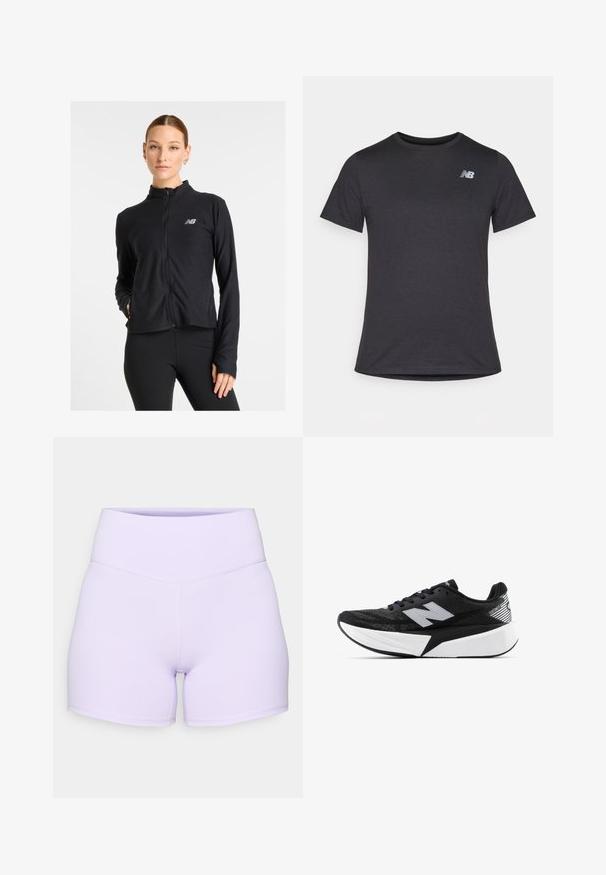 Veste zippée noire en tissu léger, avec un col haut, des manches longues et un petit logo sur la poitrine gauche.; T-shirt noir à manches courtes en tissu doux, avec un petit logo gris New Balance sur le côté gauche de la poitrine, design classique à col rond.; Shorts lilas taille haute en tissu extensible. Présentent des coutures à plat et un design ajusté avec une texture lisse.; Chaussure de course New Balance noir et blanc avec semelle épaisse, tige en mesh et logo "N" sur le côté, vue de l'extérieur.