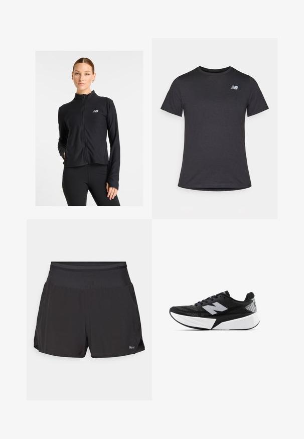 Svart zip-up jacka i ett lätt material, med hög krage, långa ärmar och en liten logotyp på vänster bröst.; Svart t-shirt med kort ärm, tillverkad av mjukt tyg, med en liten grå New Balance-logotyp på övre vänstra bröstet, klassisk rundhalsdesign.; Svarta atletiska shorts med en platt midja, kort längd och sidofickor. Tyget verkar andas och har en smidig textur.; Svartvit New Balance löparsko med tjock sula, meshtopp och "N"-logotyp på sidan, sedd från utsidan.