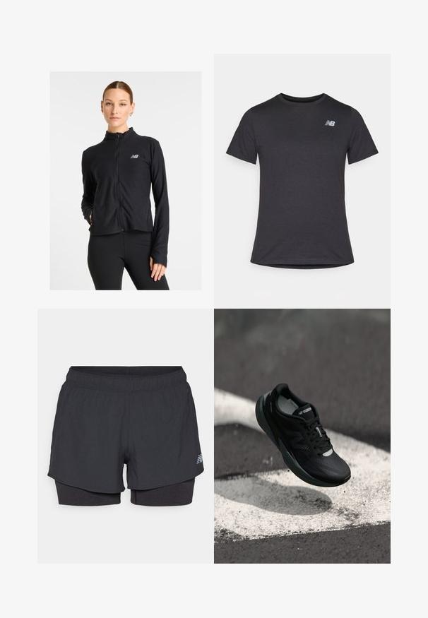 Black zip-up jacket made from a lightweight fabric, featuring a high collar, long sleeves, and a small logo on the left chest.; Black short-sleeve t-shirt made of soft fabric, featuring a small gray New Balance logo on the upper left chest, classic crew neck design.; Black athletic shorts with an inner lining, featuring an elastic waistband, smooth texture, and a reflective logo on the side.; Black running shoe with a textured upper, sleek design, and reflective accents. Features a soft, cushioned sole for comfort.