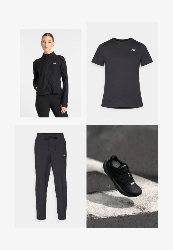 Fekete cipzáras dzseki, könnyű anyagból készült, magas gallérral, hosszú ujjakkal és egy kis logóval a bal mellen.; Fekete, rövid ujjú póló puha anyagból, a bal felső mellrészen egy kis szürke New Balance logóval, klasszikus kerek nyakú fazonnal.; Fekete futónadrág, könnyű anyagból készült, elasztikus derékkal és állítható húzózsinórral. Az oldalon egy kis logó található.; Fekete futócipő textúrált felsőrésszel, karcsú dizájnnal és fényvisszaverő részletekkel. Puha, párnázott talppal a kényelem érdekében.