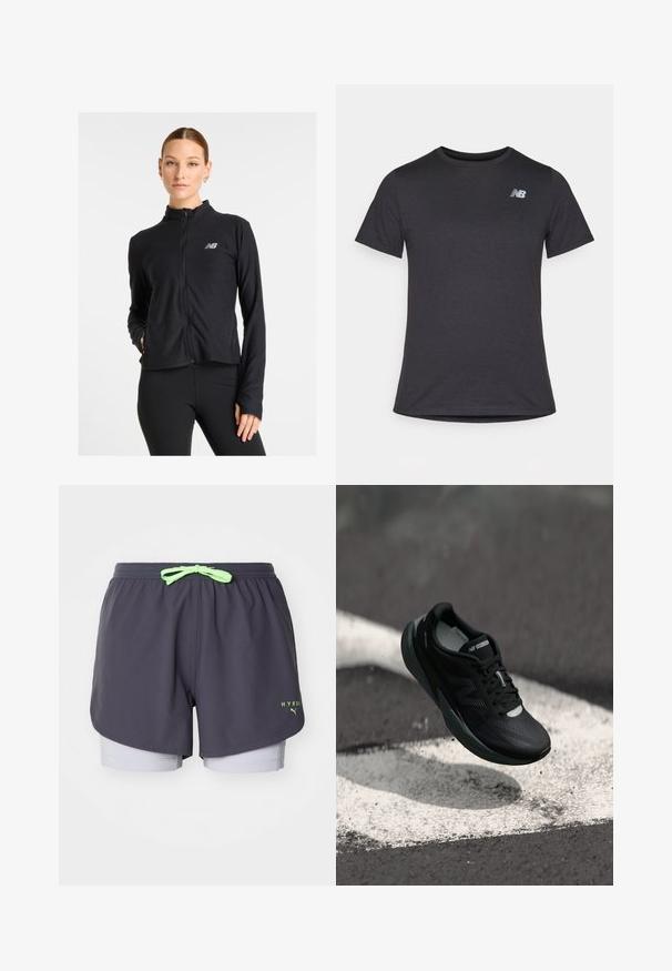 Chaqueta negra de cremallera fabricada con un tejido ligero, que presenta un cuello alto, mangas largas y un pequeño logotipo en el lado izquierdo del pecho.; Camiseta negra de manga corta hecha de una tela suave, con un pequeño logotipo gris de New Balance en la parte superior izquierda del pecho, diseño clásico de cuello redondo.; Pantalones cortos deportivos grises con cordón en verde lima. Presentan un diseño en capas con pantalones cortos internos de color gris claro. Incluyen el logo "HYROX" en verde.; Zapatilla de correr negra con un upper texturizado, diseño elegante y acentos reflectantes. Presenta una suela suave y acolchada para mayor comodidad.