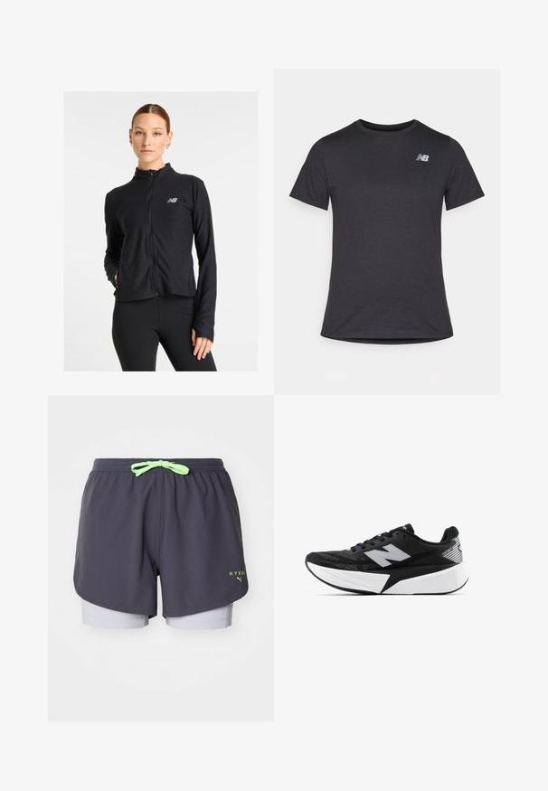 Musta vetoketjullinen takki, joka on valmistettu kevyestä kankaasta, ja siinä on korkea kaulus, pitkät hihat sekä pieni logo vasemmassa rinnassa.; Musta lyhyt hiha t-paita, joka on valmistettu pehmeästä kankaasta. Paidassa on pieni harmaa New Balance -logo vasemmassa ylärinnassa ja klassinen pyöreä kaula-aukko.; Harmaat urheilushortsit, joissa on limevihreä naru. Ominaisuuksiin kuuluu kerroksellinen muotoilu, jossa on vaaleanharmaat sisäshortsit. Sisältää "HYROX"-logon vihreänä.; Mustat ja valkoiset New Balance -juoksukengät, joissa on paksu pohja, verkkomateriaali päällä ja "N"-logo sivulla, nähtynä ulkopuolelta.