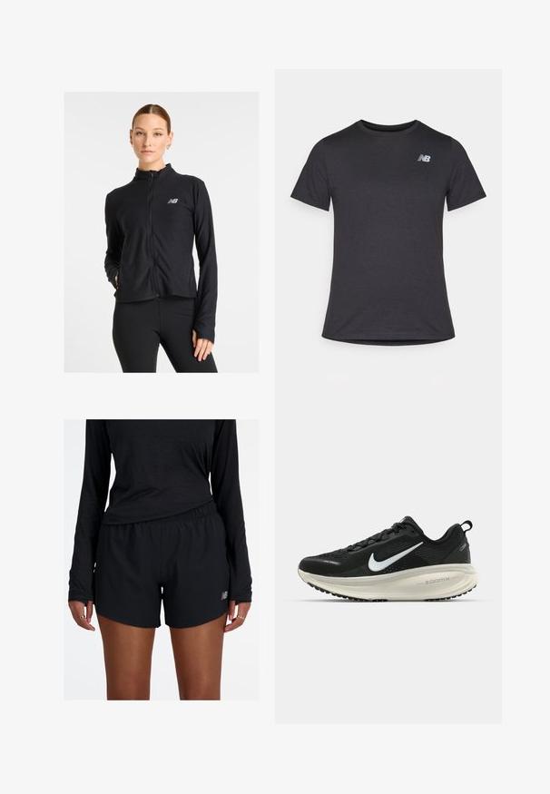 Svart zip-up jakke laget av et lett stoff, med høyt krage, lange ermer og en liten logo på venstre bryst.; Svart kortermet t-skjorte laget av myk stoff, med en liten grå New Balance-logo på øvre venstre bryst, klassisk rund hals design.; Svart trening shorts med elastisk midjebånd og reflekterende logo. Stoffet virker lett og glatt, med en avslappet passform.; Svart Nike løpesko med pustende mesh-overdel, hvit swoosh-logo, teksturert detaljer og en kremfarget ZoomX mellomsåle.