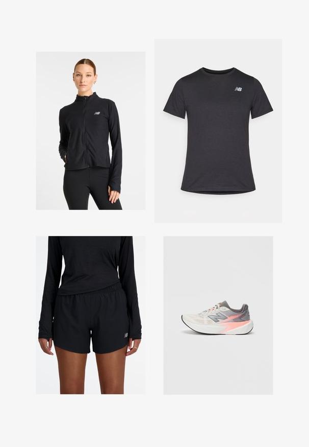 Musta vetoketjullinen takki, joka on valmistettu kevyestä kankaasta, ja siinä on korkea kaulus, pitkät hihat sekä pieni logo vasemmassa rinnassa.; Musta lyhyt hiha t-paita, joka on valmistettu pehmeästä kankaasta. Paidassa on pieni harmaa New Balance -logo vasemmassa ylärinnassa ja klassinen pyöreä kaula-aukko.; Mustat urheilushortsit, joissa on joustava vyötärö ja heijastava logo. Kankaalla on kevyt ja sileä tuntuma, ja se on rento malli.; Vaaleanharmaa ja vaaleanpunainen New Balance -juoksukenkä paksulla valkoisella pohjalla ja mustalla ulkopohjalla, sivukuva tasaisella taustalla.