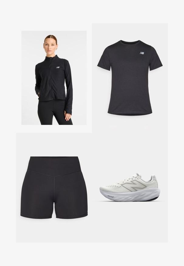 Must mustusega kapuutsiga jakk, valmistatud kergest kangast, millel on kõrge kaelus, pikad varrukad ja väike logo vasakul rinnal.; Must beebi särk, millel on lühikesed varrukad ja pehme kangas, ülaosas vasakul rinnal on väike hall New Balance'i logo, klassikaline ümar kaelus.; Mustad mustad lühikesed püksid kõrge vöökohaga, valmistatud venivast materjalist. Omab lamedaid õmblusi ja siledat tekstuuri mugavuseks.; Valged spordijalatsid, millel on võrgusilma pealne osa, polsterdatud sääreosa, tekstuuriga tallad ja "Fresh Foam" kaubamärgi logo keskosas.
