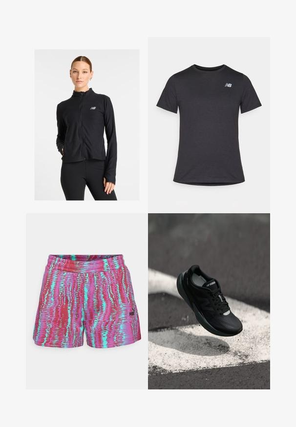 Must mustusega kapuutsiga jakk, valmistatud kergest kangast, millel on kõrge kaelus, pikad varrukad ja väike logo vasakul rinnal.; Must beebi särk, millel on lühikesed varrukad ja pehme kangas, ülaosas vasakul rinnal on väike hall New Balance'i logo, klassikaline ümar kaelus.; Värvikad spordilühikesed roosa, punase ja türkiissinise lainelise mustriga. Omavad vööd ja väikest logo alumisel ees.; Mustmustööd mustad jooksujalatsid tekstureeritud pealsed, sujuv disain ja helendavad aktsendid. Omab pehmet, polsterdatud tallat, mis tagab mugavuse.