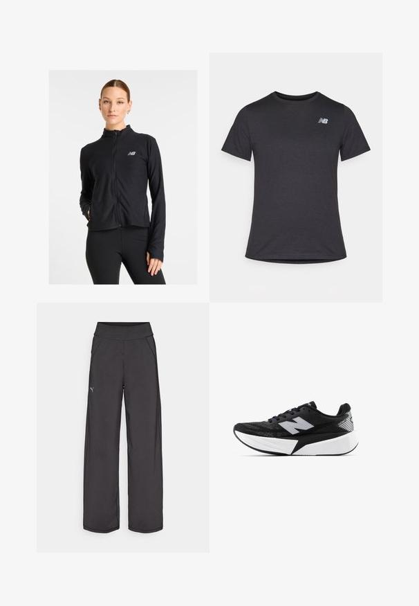 Zwarte zip-up jack gemaakt van een lichtgewicht stof, met een hoge kraag, lange mouwen en een klein logo op de linkerkant van de borst.; Zwarte korte mouwen t-shirt van zacht materiaal, met een klein grijs New Balance-logo op de bovenste linkerborst, klassieke ronde hals ontwerp.; Zwarte sportbroek met een brede tailleband, zijzakken en platte naden. Bevat een klein logo op het linkerbeen. Gemaakt van gladde, rekbare stof.; Zwart-witte New Balance hardloopschoen met een dikke zool, bovenwerk van mesh en het "N"-logo aan de zijkant, bekeken vanaf de buitenzijde.