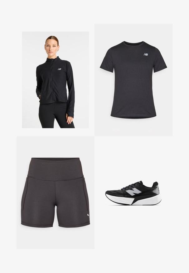 Zwarte zip-up jack gemaakt van een lichtgewicht stof, met een hoge kraag, lange mouwen en een klein logo op de linkerkant van de borst.; Zwarte korte mouwen t-shirt van zacht materiaal, met een klein grijs New Balance-logo op de bovenste linkerborst, klassieke ronde hals ontwerp.; Zwarte sportshorts gemaakt van rekbare, zachte stof. Voorzien van een hoge tailleband en zijzakken. Witte logo aan de onderkant rechts.; Zwart-witte New Balance hardloopschoen met een dikke zool, bovenwerk van mesh en het "N"-logo aan de zijkant, bekeken vanaf de buitenzijde.