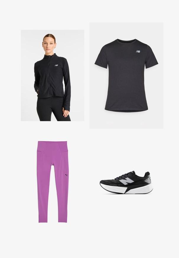 Giacca nera con zip realizzata in un tessuto leggero, con colletto alto, maniche lunghe e un piccolo logo sul lato sinistro del petto.; T-shirt nera a maniche corte realizzata in tessuto morbido, con un piccolo logo grigio New Balance posizionato sulla parte superiore sinistra del petto, design classico con girocollo.; Leggings sportivi viola realizzati in tessuto elasticizzato, con un'alta vita e un logo nero di lato. Texture liscia, design aderente.; Scarpa da corsa New Balance in bianco e nero con suola spessa, parte superiore in rete e logo "N" sul lato, vista dal lato esterno.