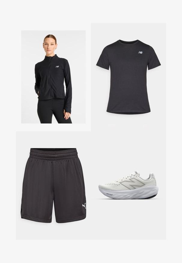 Fekete cipzáras dzseki, könnyű anyagból készült, magas gallérral, hosszú ujjakkal és egy kis logóval a bal mellen.; Fekete, rövid ujjú póló puha anyagból, a bal felső mellrészen egy kis szürke New Balance logóval, klasszikus kerek nyakú fazonnal.; Fekete sportnadrág könnyű anyagból, rugalmas derékkal és oldalsó hasítékokkal a mozgékonyság érdekében. Fehér logó az alsó részen.; Fehér sportcipők hálós felsőrésszel, párnázott nyakkal, textúrált talppal és a "Fresh Foam" felirattal a középtalpon.