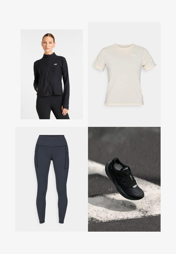 Chaqueta negra de cremallera fabricada con un tejido ligero, que presenta un cuello alto, mangas largas y un pequeño logotipo en el lado izquierdo del pecho.; Camiseta de manga corta color beige claro con cuello redondo y un sutil logo triangular en blanco en el pecho. Tejido suave con una textura lisa.; Leggings de color gris oscuro fabricados con tejido elástico, que presentan una cintura alta y dos bolsillos laterales con costuras en negro contrastante.; Zapatilla de correr negra con un upper texturizado, diseño elegante y acentos reflectantes. Presenta una suela suave y acolchada para mayor comodidad.