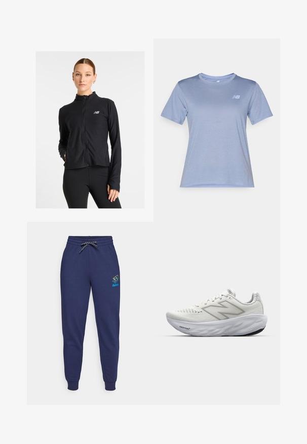 Zwarte zip-up jack gemaakt van een lichtgewicht stof, met een hoge kraag, lange mouwen en een klein logo op de linkerkant van de borst.; Lichtblauwe sportt-shirt met ronde halslijn, korte mouwen en een textuurstof. Heeft een klein wit logo op de linkerkant van de borst.; Navy blauwe sweatpants met een verstelbare tailleband en enkelmanchetten. Kenmerkt zich door een Lotto-logo in levendige kleuren op het linkerdij. Gemaakt van zachte stof.; Witte sportschoenen met een bovenwerk van mesh, voorzien van een gevoerde kraag, een gestructureerde zool en de merknaam "Fresh Foam" op de tussenzool.