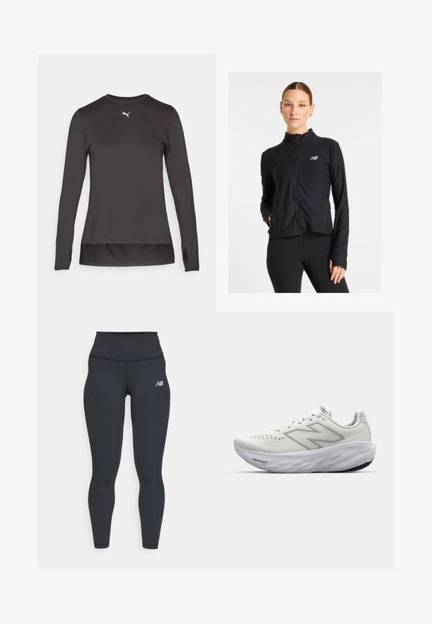 Zwarte zip-up jack gemaakt van een lichtgewicht stof, met een hoge kraag, lange mouwen en een klein logo op de linkerkant van de borst.; Zwart langslijve atletisch shirt met een ronde halslijn, voorzien van een klein wit logo op de borst en duimgaten bij de manchetten. Glad textuur.; Zwarte sportieve leggings met een hoge tailleband, met een gladde textuur en een klein wit New Balance-logo op de bovenbeen.; Witte sportschoenen met een bovenwerk van mesh, voorzien van een gevoerde kraag, een gestructureerde zool en de merknaam "Fresh Foam" op de tussenzool.