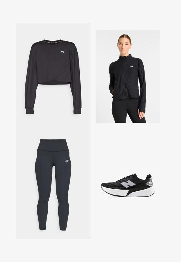 Černá zipová bunda vyrobená z lehkého materiálu, s vysokým límcem, dlouhými rukávy a malým logem na levé straně hrudi.; Černé zkrácené tričko s dlouhými rukávy vyrobené z bavlněné směsi, s mírně zakřiveným předním lemem a bílým logem Puma na hrudi, s potištěným výstřihem.; Černé atletické legíny s vysokým pasem, vybavené hladkým povrchem a malým bílým logem New Balance na stehně.; Černobílá běžecká bota New Balance s tlustou podrážkou, síťovaným svrškem a logem "N" na boku, sledována z vnější strany.