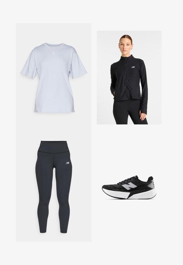 Schwarze Zip-Jacke aus leichtem Material, mit hohem Kragen, langen Ärmeln und einem kleinen Logo auf der linken Brust.; Helles blaues Baumwoll-T-Shirt mit kurzen Ärmeln, Rundhalsausschnitt und einem gestickten weißen Logo auf der Brust. Glatte Textur und lockere Passform.; Schwarze Sportleggings mit hohem Bund, die über eine glatte Textur und ein kleines weißes New Balance-Logo am Oberschenkel verfügt.; Schwarzer und weißer New Balance Laufschuh mit dicker Sohle, Mesh-Obermaterial und "N"-Logo an der Seite, von der Außenseite betrachtet.