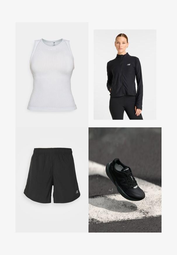 Svart zip-up jakke laget av et lett stoff, med høyt krage, lange ermer og en liten logo på venstre bryst.; Hvit tettsittende ermeløs topp med ribbet tekstur, rund halslinje og subtil logo detaljer. Glatt stoff og minimalistisk design.; Sorte idrettsshorts laget av lett materiale med strikk i livet, med en subtil logo på det ene benet og et strømlinjeformet design.; Svart løpesko med teksturert overdel, slank design og reflekterende detaljer. Har en myk, polstret såle for komfort.