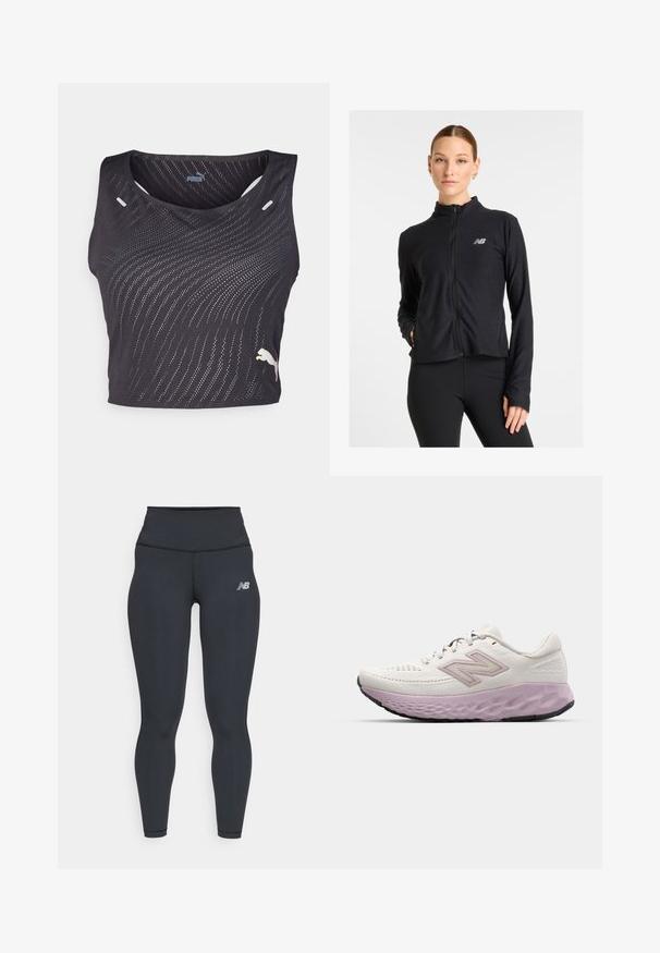 Black zip-up jacket made from a lightweight fabric, featuring a high collar, long sleeves, and a small logo on the left chest.; Black sleeveless athletic top featuring a textured wave pattern, small holes for breathability, and a contrasting logo on the hem.; Black athletic leggings with a high waistband, featuring a smooth texture and a small white New Balance logo on the thigh.; Lightweight running shoe in white mesh with a pink midsole. Features a textured sole and side logo, designed for comfort and support.