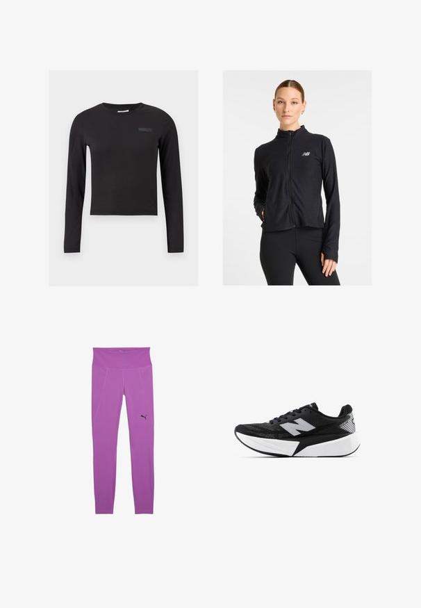 Must mustusega kapuutsiga jakk, valmistatud kergest kangast, millel on kõrge kaelus, pikad varrukad ja väike logo vasakul rinnal.; Mustal pikkade varrukatega lõhike t-särk, mis on valmistatud venivast kangast, ümmarguse kaelusega ja rinnal on väike trükitud logo.; Lilla sportlikke, millel on lai vöökoht, paneelõmblustega ja must logo alumises vasakus nurgas. Sile tekstuur.; Mustvalge New Balance jooksujalats, millel on paks tallar ja võrkkangast ülemine osa, ning külgvaates on näha ka „N” logo.