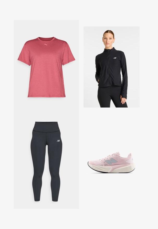 Must mustusega kapuutsiga jakk, valmistatud kergest kangast, millel on kõrge kaelus, pikad varrukad ja väike logo vasakul rinnal.; Roosa lühikeste varrukatega t-särk, mis on valmistatud pehmest ja hingavast kangast. Omab ümmargust kaelust ja väikest logot kaela lähedal, millel on mugav istuvus.; Mustad sportlikud retuusid kõrge vöökoht, millel on sile tekstuur ja väike valge New Balance logo reie peal.; Heledad roosa jooksutossud tekstureeritud võrkmaterjalist pealsega, hallid aksessuaarid, paks valge vahevöö ja paindlik must alltalda. Omab pehmendatud krae ja keelt.