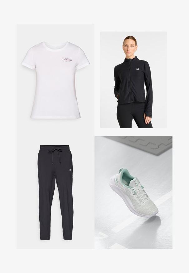 Chaqueta negra de cremallera fabricada con un tejido ligero, que presenta un cuello alto, mangas largas y un pequeño logotipo en el lado izquierdo del pecho.; Camiseta de algodón blanca con mangas cortas y cuello redondo. En el frente tiene un texto rojo: "ONLY PLAY ATHLEISURE EST. ACTIVE LIFE 2006."; Pantalones de chándal negros hechos de un material ligero con una cinturilla elástica y cordón ajustable. Presenta un pequeño logo en el costado.; Zapatilla atlética gris claro con parte superior de punto texturizado, detalles en verde menta, cordones blancos, suela de goma y tira en el talón.
