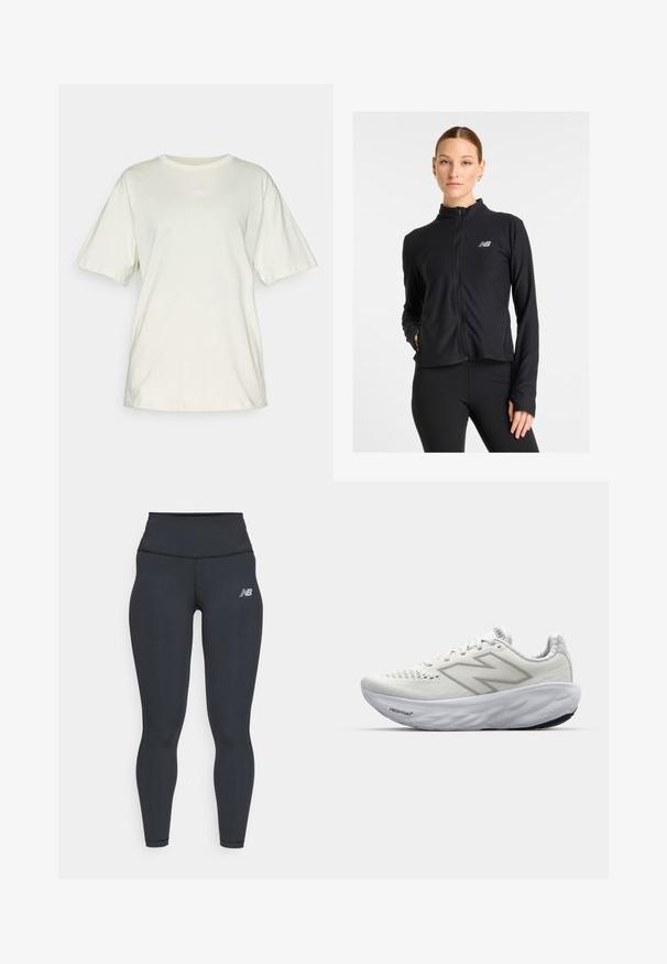 Black zip-up jacket made from a lightweight fabric, featuring a high collar, long sleeves, and a small logo on the left chest.; Light beige cotton t-shirt with short sleeves, a round neck, and a small white Puma logo centered on the chest. Soft, casual fit.; Black athletic leggings with a high waistband, featuring a smooth texture and a small white New Balance logo on the thigh.; White athletic shoes with a mesh upper, featuring a padded collar, textured sole, and the "Fresh Foam" branding on the midsole.