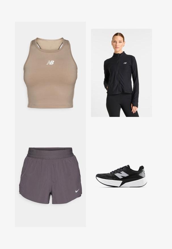 Jaqueta preta com fecho de correr, feita de um tecido leve, apresenta um gola alta, mangas longas e um pequeno logótipo no lado esquerdo do peito.; Sutiã desportivo castanho com um design ajustado, feito de material suave. Apresenta um logótipo branco na frente e um estilo de costas nadador com detalhes recortados.; Calções de corrida Nike em cinza escuro, com um amplo cós elástico, tecido leve, bolsos laterais e um logótipo subtil em branco.; Sapatilha de corrida New Balance em preto e branco, com sola espessa, parte superior de malha e logótipo "N" de lado, vista do lado externo.