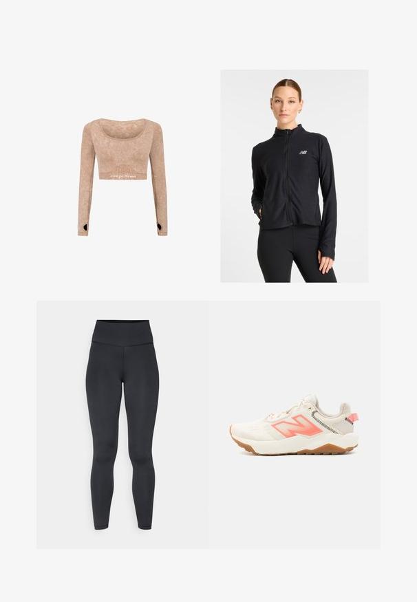 Black zip-up jacket made from a lightweight fabric, featuring a high collar, long sleeves, and a small logo on the left chest.; Long-sleeve cropped top in light brown, made of soft fabric with a smooth texture; features a scoop neckline and thumbhole details in sleeves.; High-waisted black leggings made of stretchy material, featuring a smooth texture and close-fitting design, with minimal stitching details.; Beige athletic shoe with a textured upper, pink accents, and a light gum sole. Features a prominent 'N' logo and a cushioned, lightweight design.