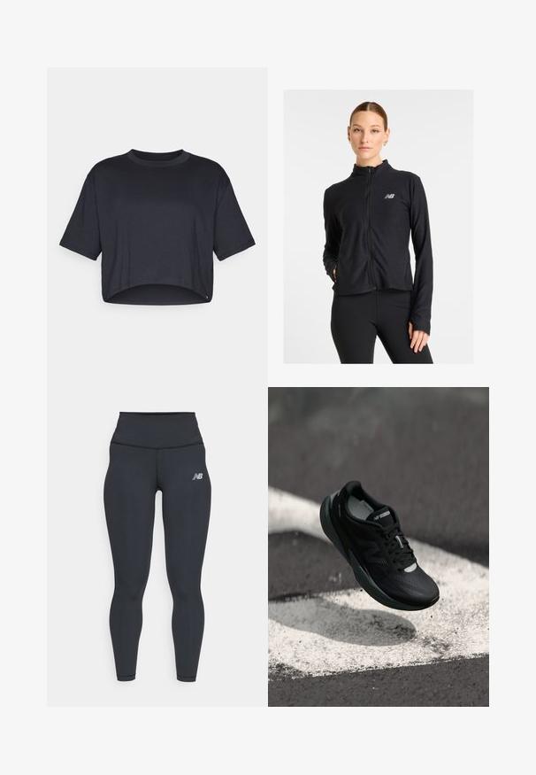Schwarze Zip-Jacke aus leichtem Material, mit hohem Kragen, langen Ärmeln und einem kleinen Logo auf der linken Brust.; Schwarzes, kurz geschnittenes T-Shirt aus weichem Baumwollstoff, mit Rundhalsausschnitt und kurzen Ärmeln, einem sauberen Saum und ohne sichtbare Muster oder Akzente.; Schwarze Sportleggings mit hohem Bund, die über eine glatte Textur und ein kleines weißes New Balance-Logo am Oberschenkel verfügt.; Schwarzer Laufschuh mit strukturiertem Obermaterial, schlankem Design und reflektierenden Akzenten. Verfügt über eine weiche, gepolsterte Sohle für Komfort.