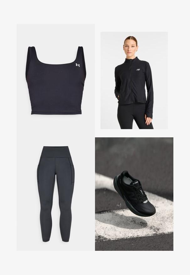Jachetă neagră cu fermoar, realizată dintr-un material ușor, având un guler înalt, mâneci lungi și un mic logo pe pieptul stâng.; Top sportiv negru, scurt, fabricat dintr-un material neted, cu un decolteu pătrat și bretele late. Include un mic logo alb pe lateral.; Leggings negre cu talie înaltă, realizate dintr-un material elastic și neted. Dispun de două buzunare laterale și cusături în contrast pe margini.; Pantofii de alergare negri cu un superior texturat, design elegant și accente reflectorizante. Dispun de o talpă moale și amortizată pentru confort.