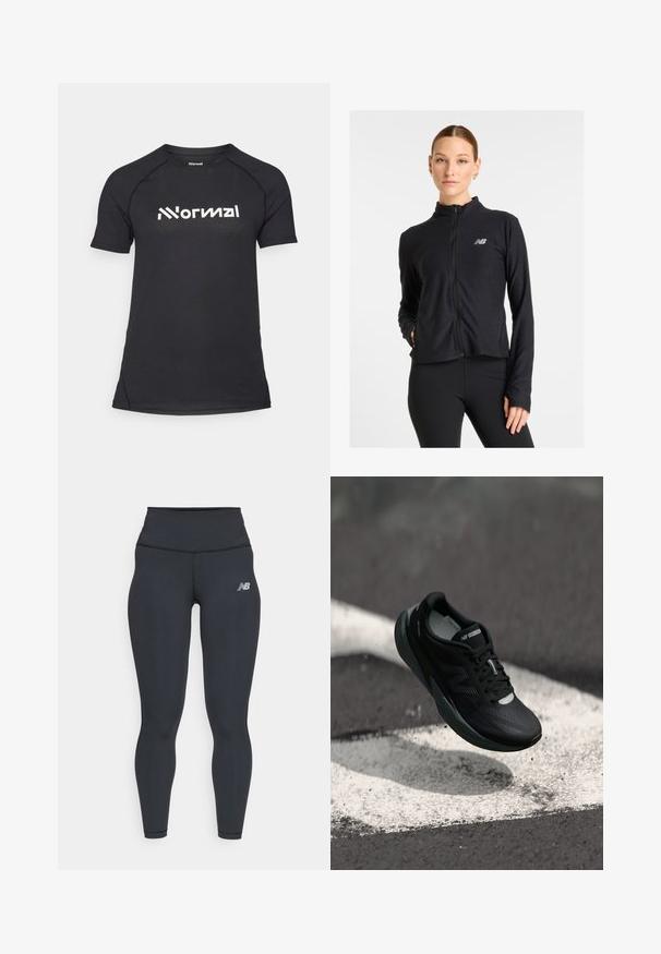 Svart zip-up jakke laget av et lett stoff, med høyt krage, lange ermer og en liten logo på venstre bryst.; Svart kortermet treningstrøye med teksturert stoff og kontrastfarget hvit logo plassert over brystet. Rund hals og tettsittende design.; Sorte treningsbukser med høy midje, med en jevn tekstur og en liten hvit New Balance-logo på låret.; Svart løpesko med teksturert overdel, slank design og reflekterende detaljer. Har en myk, polstret såle for komfort.