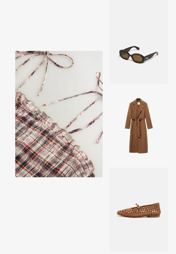 Długi brązowy wełniany płaszcz z wyciętym kołnierzem, długimi rękawami i paskiem z tego samego materiału. Charakteryzuje się dopasowanym krojem i gładką teksturą.; Tkaninowa bluzka w kratkę z szarymi, czerwonymi i czarnymi wzorami. Posiada falbany na brzegach i cienkie regulowane ramiączka. Miękka w dotyku.; Woven brązowy płaski but z ostro zakończonym noskiem i wzorem z wycięciami. Posiada mały pasek z klamrą i niski drewniany obcas.; Okulary przeciwsłoneczne w kolorze żółwiej skorupy z owalnymi ramkami, brązowymi szkłami i logo "Chloé" na zauszniku. Gładki plastikowy materiał z błyszczące wykończenie.; Woven brązowa skórzana torebka o zaokrąglonym kształcie, z podwójnymi uchwytami u góry i gładką fakturą; posiada subtelne przeszycia jako detal projektu.